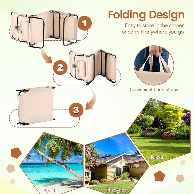 Giantex Folding Beach Tanning Chair - Adjustable Patio Lounge Chair w/Face Hole, Removable Pillows, Carry Strap, Layout Chair, Sunbathing Chaise Lounge Outdoor for Poolside Yard Lawn (2, Beige)