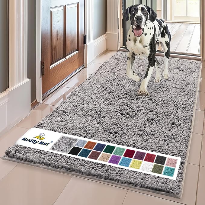 Muddy Mat® | Super Water Absorbent Door Mat Indoor, Microfiber Quick Dry Chenille Entryway Rug, Slip Resistant Front Door Mat, Indoor Mats for Entryway, Machine Washable Pet Rug, Grey 36"x120"