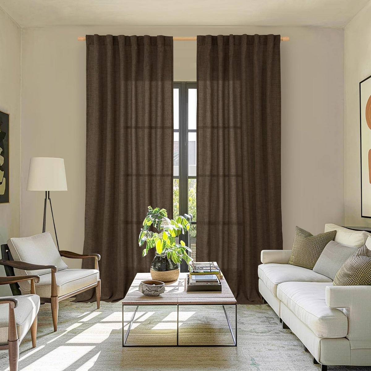 YoungsTex Brown Linen Curtains 80 Inch Length for Living Room, Semi Sheer Window Drapes with Rod Pocket Back Tab Light Filtering for Farmhouse Dining Room Bedroom, 2 Panels, 52 X 80 Inch