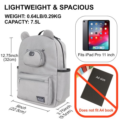 Rangeland Bear Mini Daily Backpack for Woman Teenagers with Tablet Sleeve and Water Bottle Pocket, Lightweight Stylish Casual Daypack, Grey