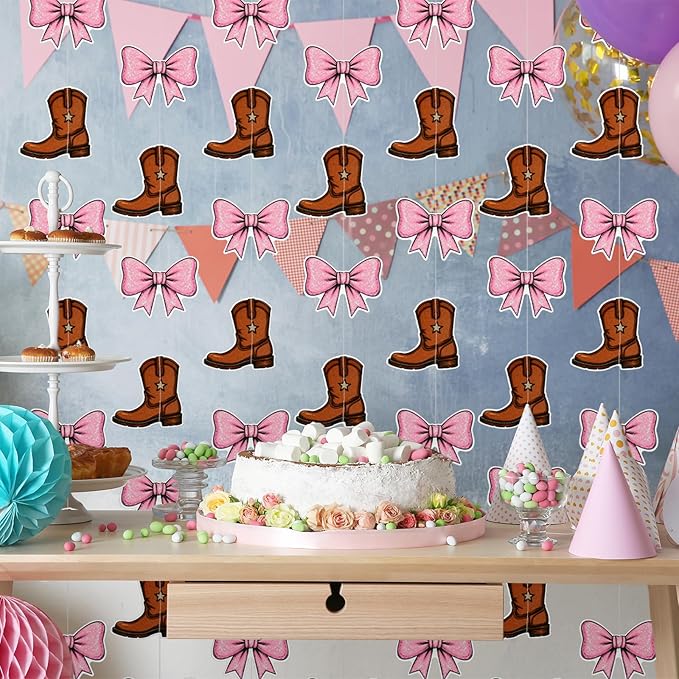12 Pcs Hanging Boots or Bows Gender Reveal Decorations Boots and Bows Gender Reveal Confetti Western Theme Garland Brown and Pink for Cowboy Cowgirl Baby Shower Parties