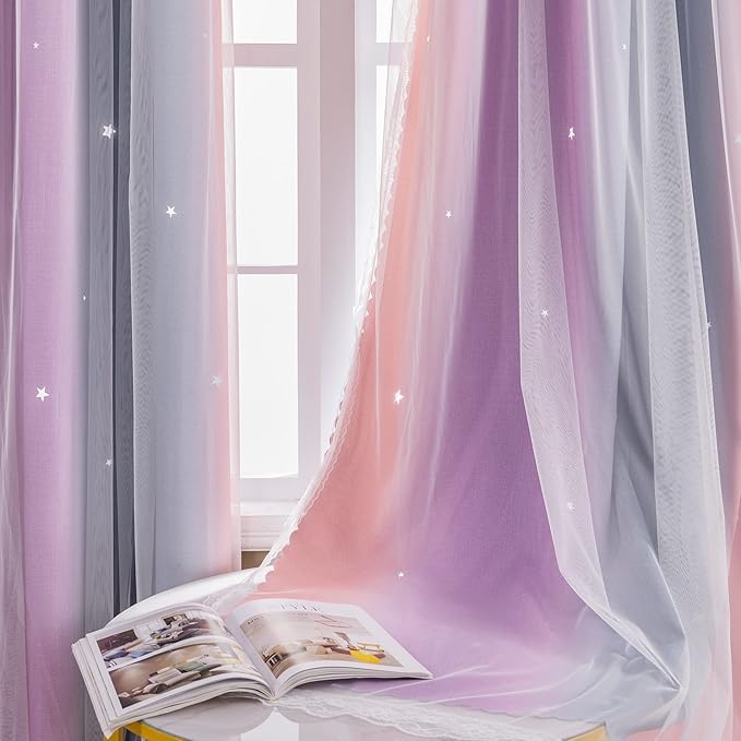 XiDi Curtains for Bedroom Decor, Rainbow GreyPinkPu-34-90