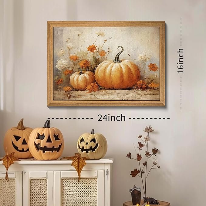 Framed Vintage Halloween Pumpkin Wall Art – 3D Texture Harvest Pumpkins Pictures Fall Wall Decor for Living Room, Rustic Autumn Pumpkin Art Prints for Kitchen, Bedroom, Home or Party – 16x24in