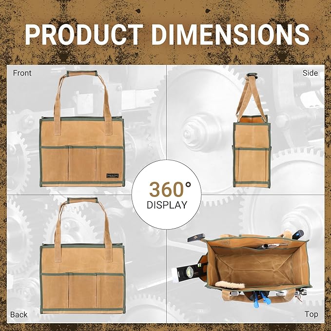 Heavy-Duty 16oz Waxed Canvas Tool Tote Bag - Water-Resistant Wide Mouth Organizer with Reinforced Handle | Large Capacity Tool Storage for Wrenches (16.5" x 12.5" x 6.5", Khaki)
