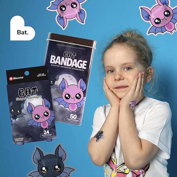 BioSwiss Kids Bandages, Halloween Bat Shaped Self Adhesive Bandage Set, Latex Free, Sterile Wound Care, 24 Count