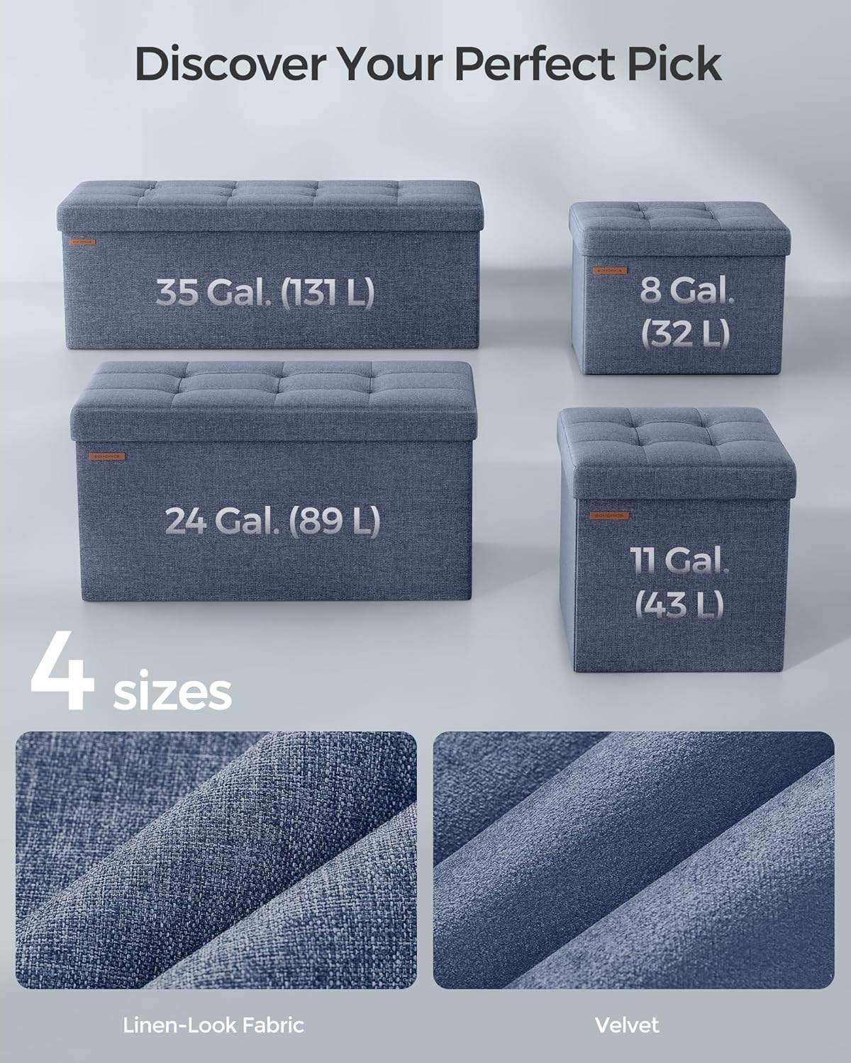 SONGMICS MAZIE Collection - 43 Inches Folding Storage Ottoman Bench, Ottoman Foot Rest, End of Bed Bench, Storage Chest, Load 660 lb, for Living Room, Bedroom, Entryway, Misty Blue ULSF077Q01