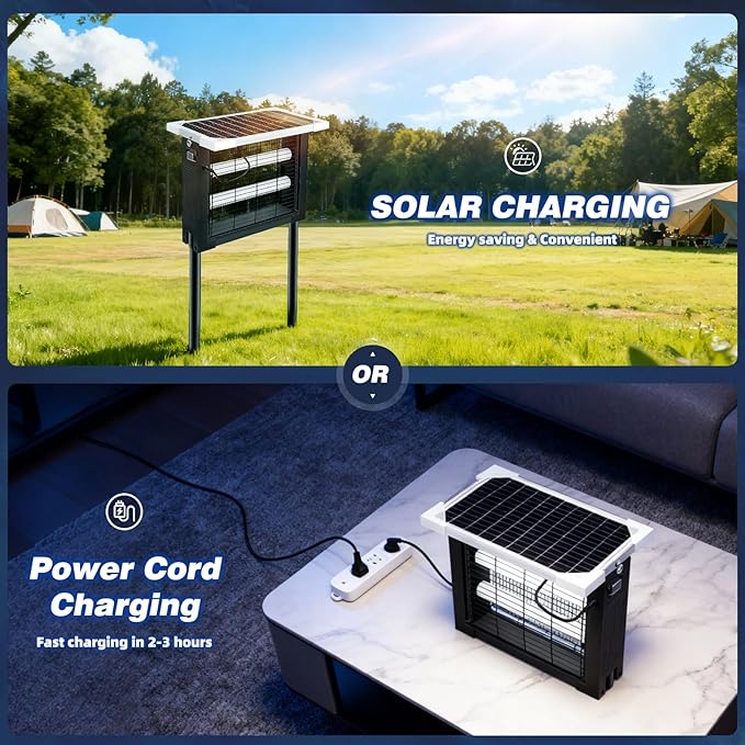 Solar Bug Zapper Outdoor for 2000 sq.ft, Portable Solar Mosquito Zapper with 13 FT Extension Cord, Rechargeable Electric Bug Zapper with High Powered for Patio Garden Backyard RV Camping Pest Control