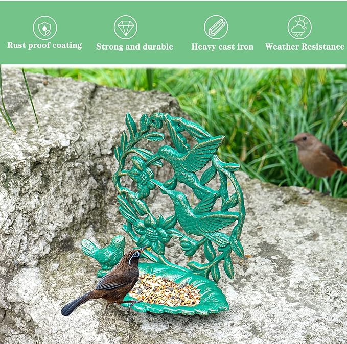 Sungmor Cast Iron Wall Mounted Bird Feeder, Cute Hummingbird Decor Small Water Bath, Wall Hanging Fence Bird Bath Feeder, Beautiful Green Birdfeeder for Garden Backyard Patio Wall Decoration