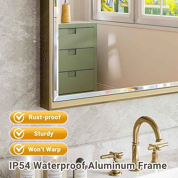 Gold Bathroom Mirror, 30x36 Brushed Gold Bathroom Mirror Beveled Edge,