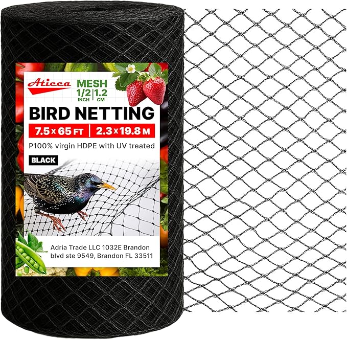 ATICCA Heavy Duty Bird Netting for Garden Protection & Fruit Trees, 7.5x65 Ft with 10 Stakes – Black Anti-Bird Net for Poultry, Deer, & Squirrel Protection, Durable Nylon Mesh for Garden and Yard Use