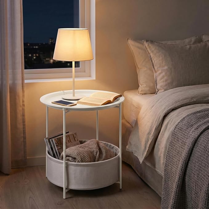 VECELO Round Side/End Table with Fabric Storage Basket，Metal Anti-Rust and Waterproof Small Bedside Nightstand with Removable Tray Top for Living Room，Balcony & Laundry，Beige/2pcs with Basket