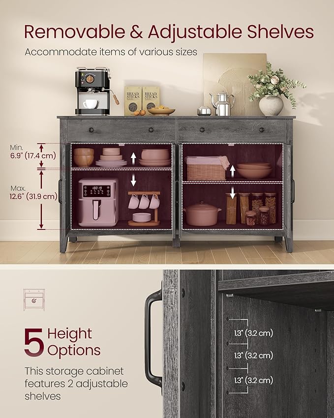 VASAGLE LIRY Collection - Buffet Cabinet, Coffee Bar Cabinet with 2 Drawers, Adjustable Shelves, Sideboard Storage with Cable Holes, Drawer Dividers, Misty Gray UBBK381GW01S