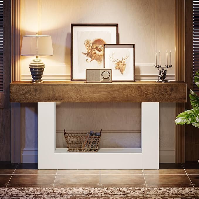 Tribesigns 63" Console Table, Farmhouse 2-Tier Entryway Table with U-Shaped Base, Narrow Long Wood Sofa Table Behind Couch Table for Living Room, Hallway, Foyer, Light Brown & White