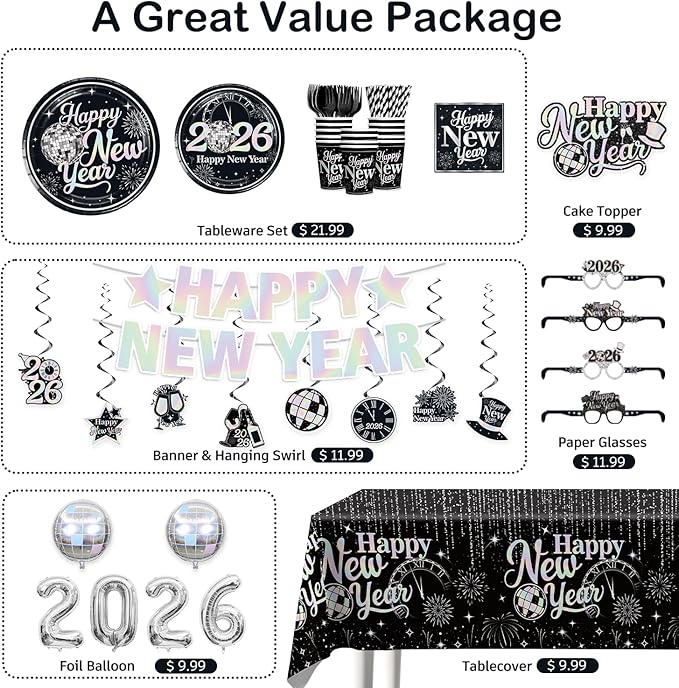 New Years Decorations 2026, New Years Eve Party Banner, Glasses, Foil Balloons, Black Fringe, Happy New Year Plates and Napkins, Silver and Black Nye Party Decorations New Year's Eve Party Supplies