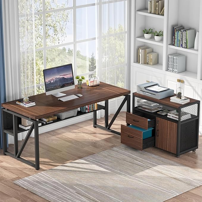 Tribesigns 63" Executive Deskwith Drawer Cabinet, L Shaped Desk and lateral File Cabinet, 2 Piece Home Office Furniture Set with Drawers for Hanging, Doors with Locks (Dark Brown, 63 inches)