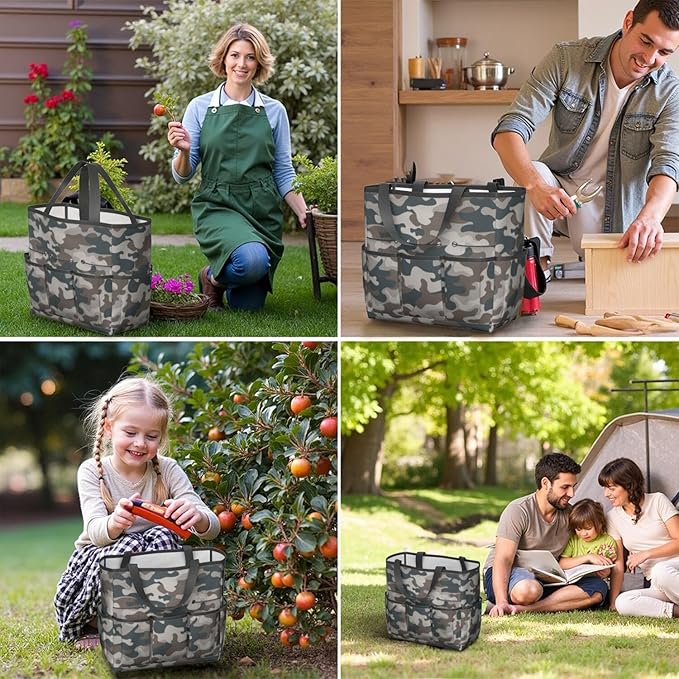 Green Camo Garden Tool Bag - Waterproof Garden Tote with 8 Pockets, Large Storage Home Organizer Gardening Tool Oxford Bag for Garden Tools Kits Holder, Ideal Outdoor Gardening Gift for Women & Men