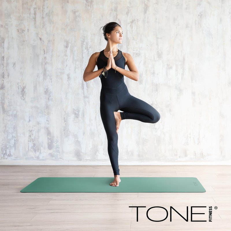 TONE Fitness Yoga Mat 1/4" Thick Non Slip Exercise & Pilates Mat for Home Workouts with Carrying Strap | V Pattern | Black/Blue