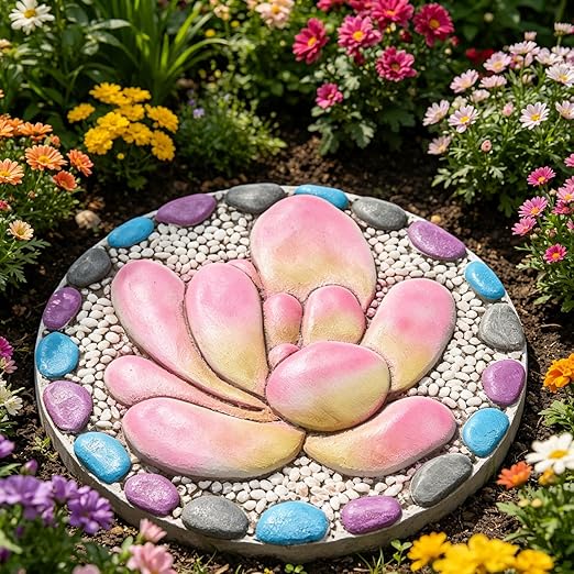 Succulent Pattern Cement Stepping Stones - Garden Stepping Stones Outdoor Pavers for Outside Walkway Gifts for Grandma Garden Stones Decorative Sculpture Yard Art 0.75 * 10 * 10 Inch