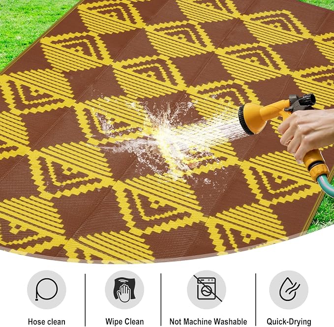 Anidaroel Patio Rugs Outdoor 8x10ft Waterproof, Reversible Camping Rugs for Outside RV, Outdoor Plastic Straw Outside Area Rugs for Patio, Backyard, Pool Deck, Picnic (Yellow&Brown,8‘x10')