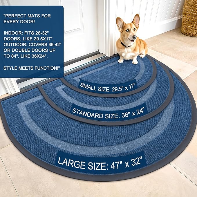 OLANLY Half Circle Door Mat Indoor Outdoor Entrance Welcome, Waterproof All-Season, All-Weather Doormat, Sturdy Natural Rubber, Low Profile, Easy Clean Patio Porch Entryway Mat, 29.5x17, Light Blue