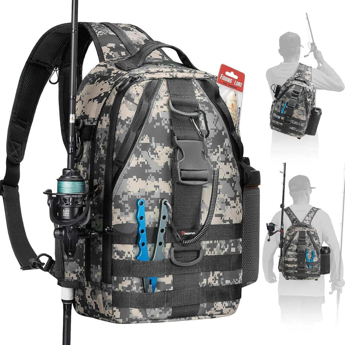 Piscifun Fishing Backpack - Lightweight Sling Bag with Rod Holder for Gear Storage
