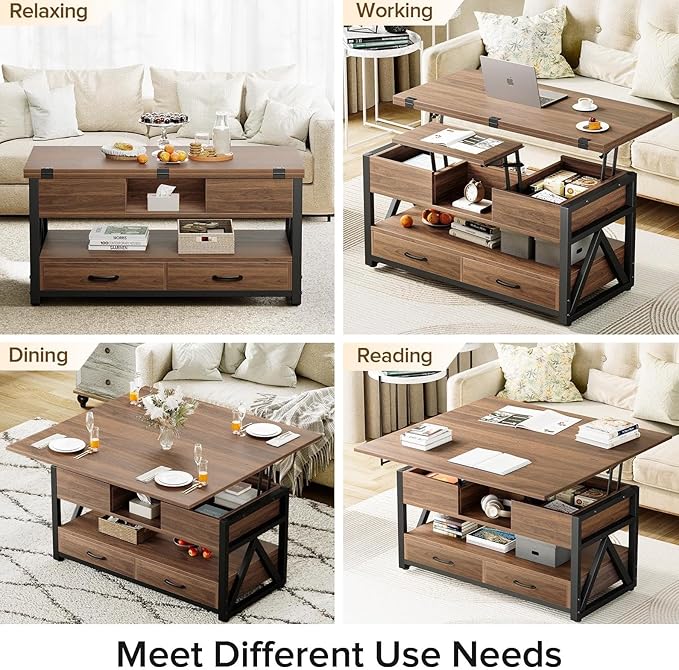 40" Lift Top Coffee Table,4 in 1 Multi-Function Lift Coffee Tables with Storage Drawers and Hidden Compartmen,Farmhouse Coffee Table with Lifting top for Living Room, Walnut