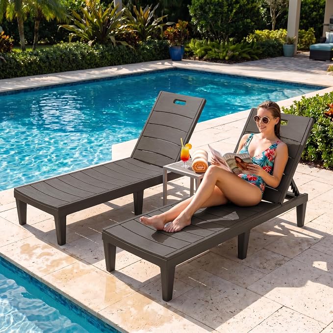 Greesum Outdoor Chaise Lounge Chairs Set of 2 with 5-Position Adjustable Backrest, Waterproof PP Sun Chaise Loungers for Garden Pool Beach Patio Deck Sunbathing, Brown