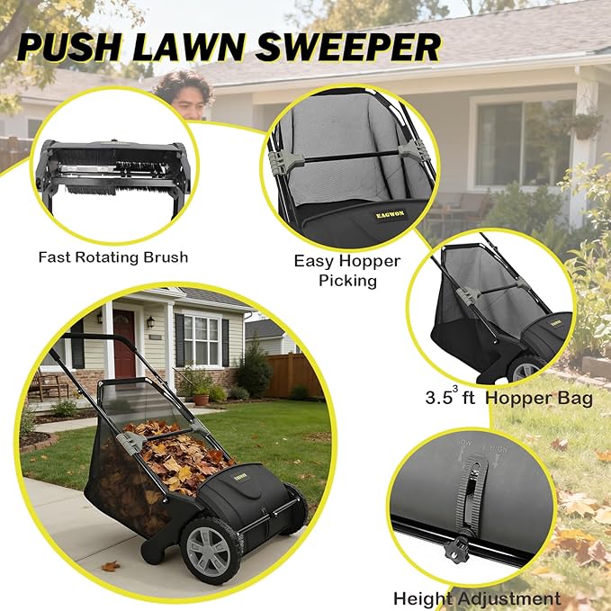 Push Lawn Sweeper, 21-Inch Width, 3.5 Cu. Ft. Hopper Capacity, 4 Spinning Brushes, Adjustable Height, Durable Steel Frame with Rubber Wheels, Black