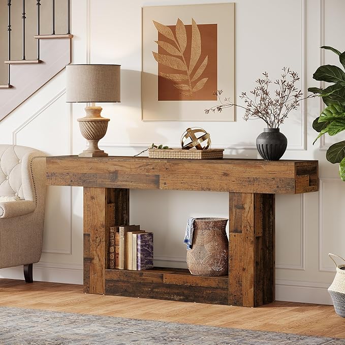 Tribesigns 63-Inch Long Console Table, 2-Tier Entryway Table Sofa Table with Storage, Farmhouse Wood Behind Couch Table for Living Room, Hallway, Rustic Mixed Brown