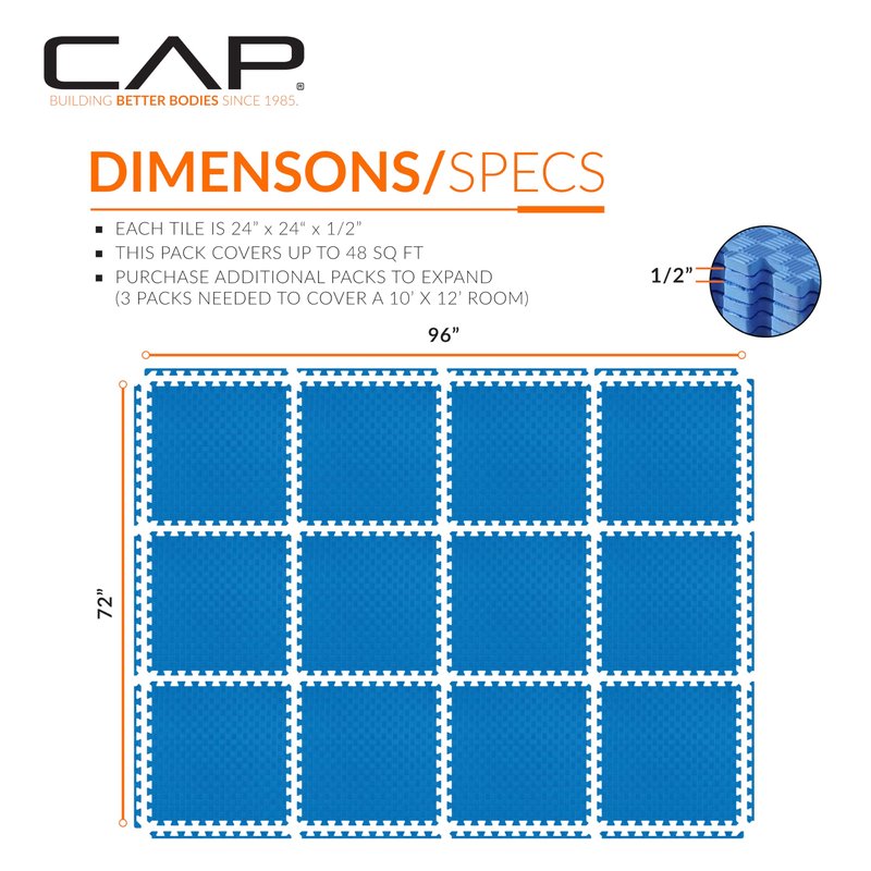 CAP Barbell 1/2-Inch Interlocking EVA Foam Exercise Puzzle Mat Home Gym Flooring - 2 Pack | 24" x 24" x 1/2" | Tatami Pattern - Blue