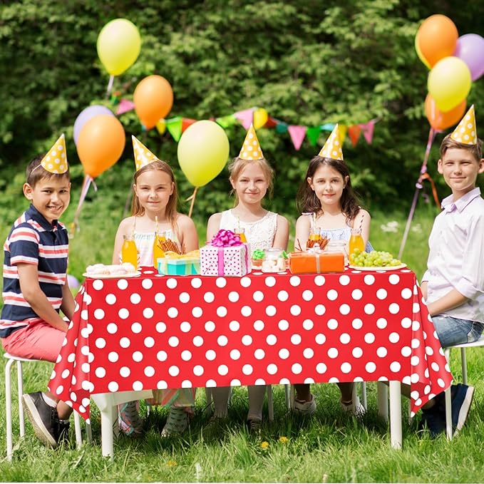 WNINK 4 Pack Red and White Polka Dot Tablecloths – Disposable Plastic Waterproof Table Cover, 54" x 108", for Birthday, Wedding, Bridal Shower, Bachelor Party, and Picnic