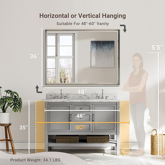 48'' x 36'' Brushed Nickel Framed Beveled Bathroom Mirror, Shatterproof