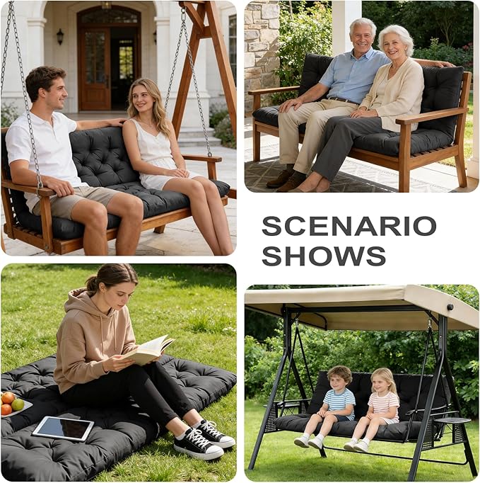 Porch Swing Cushions,Outdoor Cushions 3 Seater Replacement with Backrest, Waterproof Thickened Bench Cushion with Ties for Porch, Patio,Outdoor, Backyard and Garden (Black 60 * 40 in)