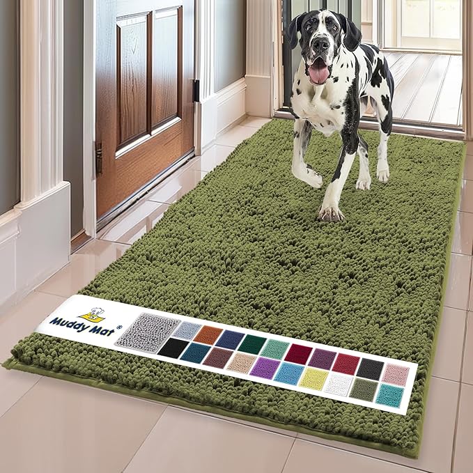 Muddy Mat® | Super Water Absorbent Door Mat Indoor, Microfiber Quick Dry Chenille Entryway Rug, Slip Resistant Front Door Mat, Indoor Mats for Entryway, Machine Washable Pet Rug, Army Green 24" x 72"