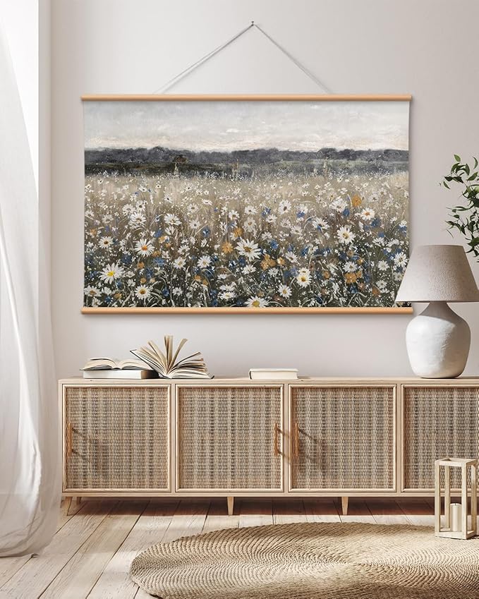 VIYYIEA Extra Large Canvas Wall Art, 36x54 Inch Vintage Wildflower Landscape, Neutral Floral Meadow Wall Decor for Living Room or Bedroom, Above Sofa