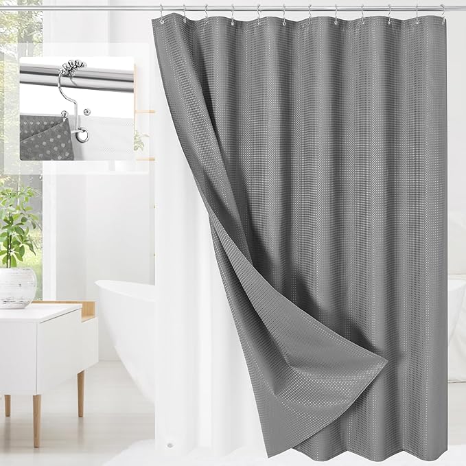 3 in 1 Shower Curtain Set, Grey Waffle Shower Curtain and PEVA Liner Set with 12 Stainless Steel Shower Curtain Hooks, Gray Waterproof Fabric Shower Curtains for Bathroom, 72 W x 72 H