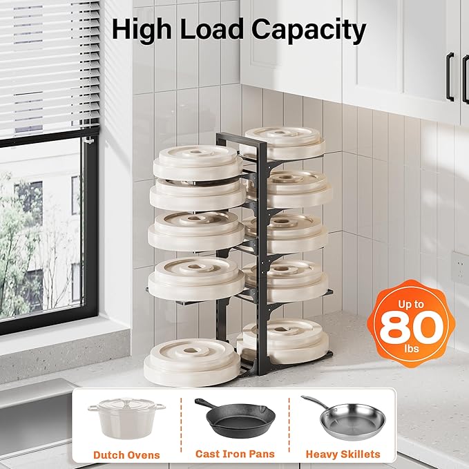 MUDEELA 10-Tier Pots and Pans Organizer under Cabinet, 23.62" Height Heavy Duty Pot and Pan Organizer Kitchen Cabinet Organization and Storage, Adjustable Pot Rack for Frying Pan, Cast Iron Skillet