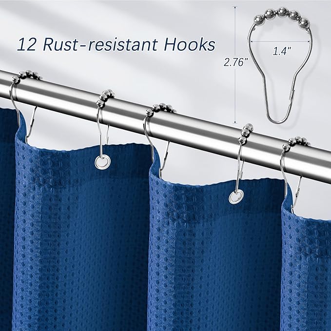Classic Blue Shower Curtain 256GSM Heavy Duty Waffle Woven Bathroom Shower Curtains, Weighted Fabric Shower Curtains for Hotel Spa Luxury Polyester Bath Curtain with 12 Hooks, 72Wx72H