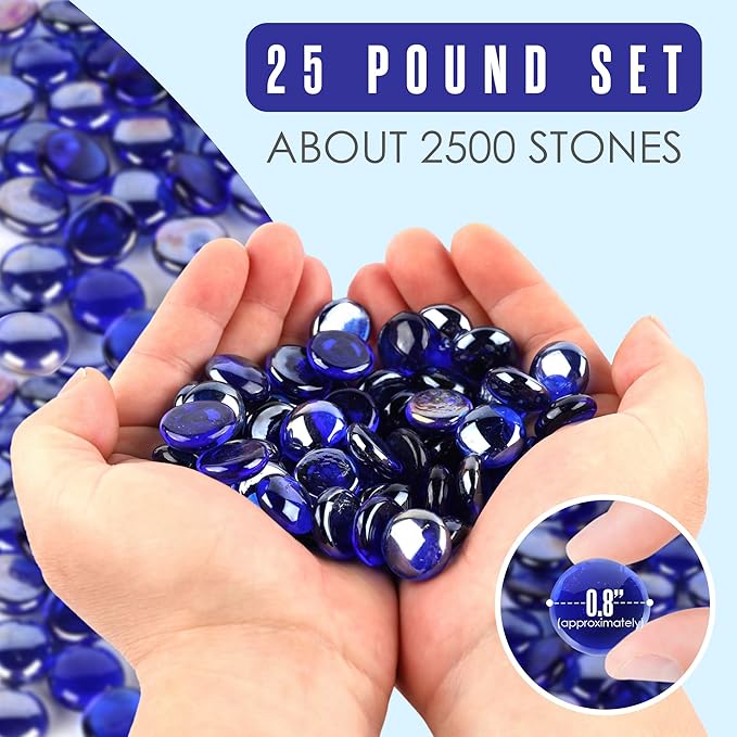 Houseables Glass Beads for Vases, Marbles for Vases, Glass Marbles, Filler, Blue Beads, Flat, Blue Gems, Crafts, Pebbles, Stones, Decorative Rocks, Plants, Florist, Floral, Fishbowl, 25 LBS, 2500PC