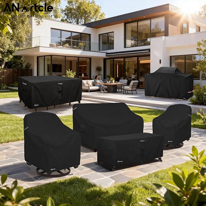 ANartcle Patio Furniture Covers 111L x 74W x 28H inch,600D Waterproof Heavy Duty Outdoor Furniture Covers,Outdoor Wicker Furniture Set with Swivel Patio Chairs General Purpose Furniture Cover,Black