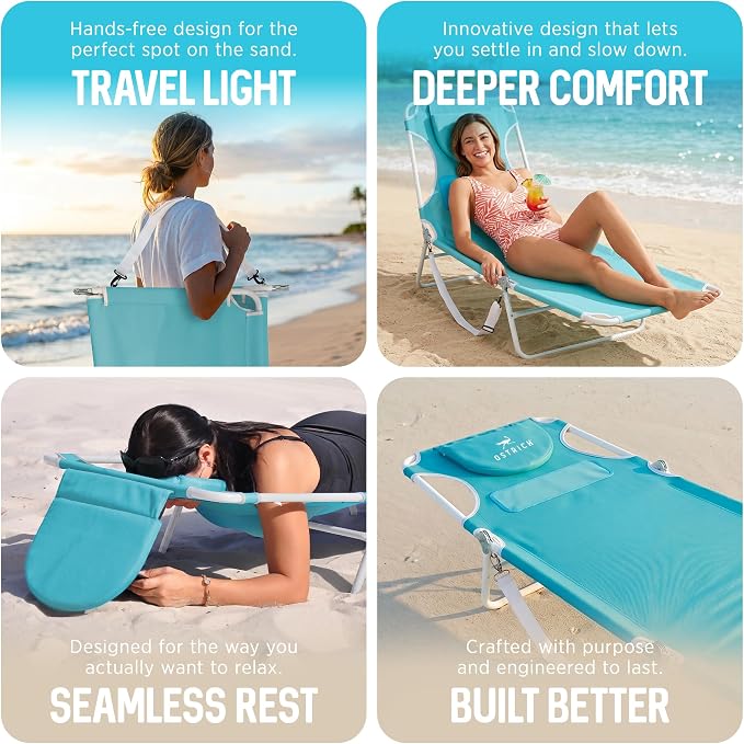 Ostrich the Ladies Comfort Lounger with Chest Support, Foldable and Portable Reclining Outdoor Patio Beach Lawn Camping Pool Tanning Chair, Aqua