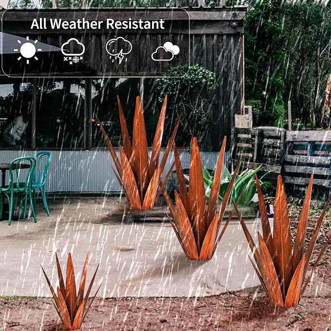 KODIBO Metal Agave Plants, Tequila Rustic Sculpture, Metal Yard Art, Outdoor Lawn Ornaments Yard Stakes (Rusty- L)