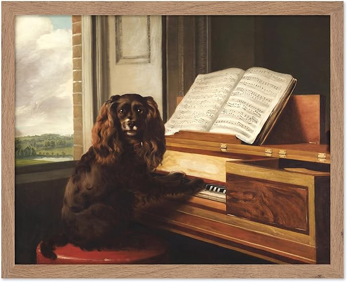 Poster Master Vintage Portrait of an Extraordinary Musical Dog Poster - Retro Dog Print - Puppy Art - Music Art - Piano Art - Animal Lover Art - Living Room or Office Decor, 8x10 Beige Framed
