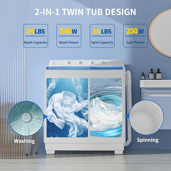 Zynkez Portable Washing Machine, 40Lbs Compact Washing machine, Twin Tub Laundry Washer Machine with Built-in Drain Pump, Semi-Automatic 24Lbs Washer and 16Lbs Spinner Combo for Apartments, Dorms, RVs