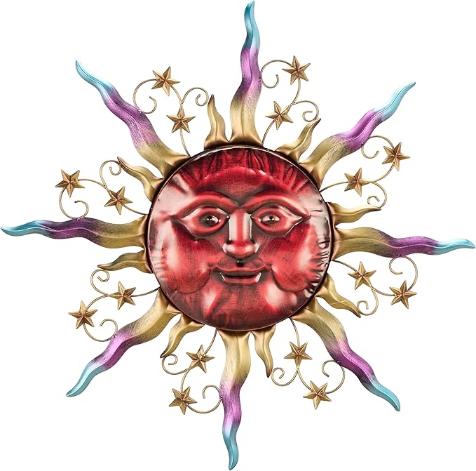 TERESA'S COLLECTIONS Outdoor Sun Metal Wall Art for Outdoor Decor,25" Red Sun Face 3D Wall Decor for Garden Decor,Rustic Retro Hanging Sculpture for Outside indoor Home Patio Farmhouse Gifts for Mom