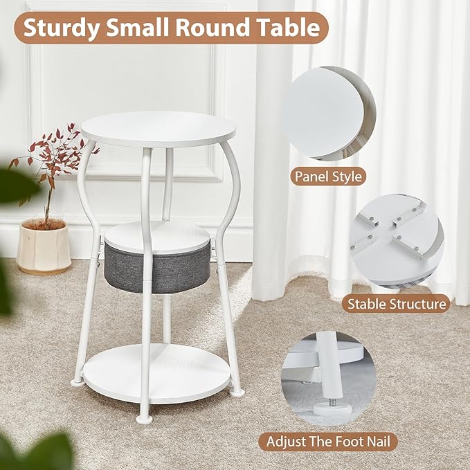 Small Round Side Table with Storage Bag, 3-Tier Accent Round End Table with Four Storage Functions for Living Room, 21.6" H Vintage Smalls Corner Table for Small Spaces Nightstand Bedroom
