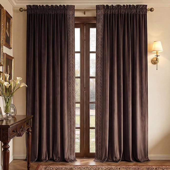 NICETOWN Rod Pocket Embroidered Trim Velvet Curtains, 2 Panels, Velvet Curtains