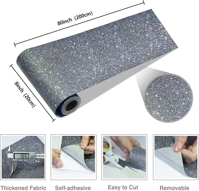CRE8TIVE Charcoal Grey Holographic Glitter Wallpaper Border Peel and Stick