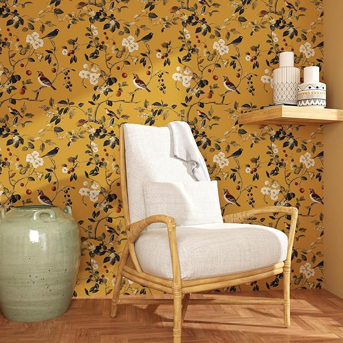 Laatse Vintage Bird Wallpaper 17.5"x118" Yellow Chinoiserie Floral Wallpaper