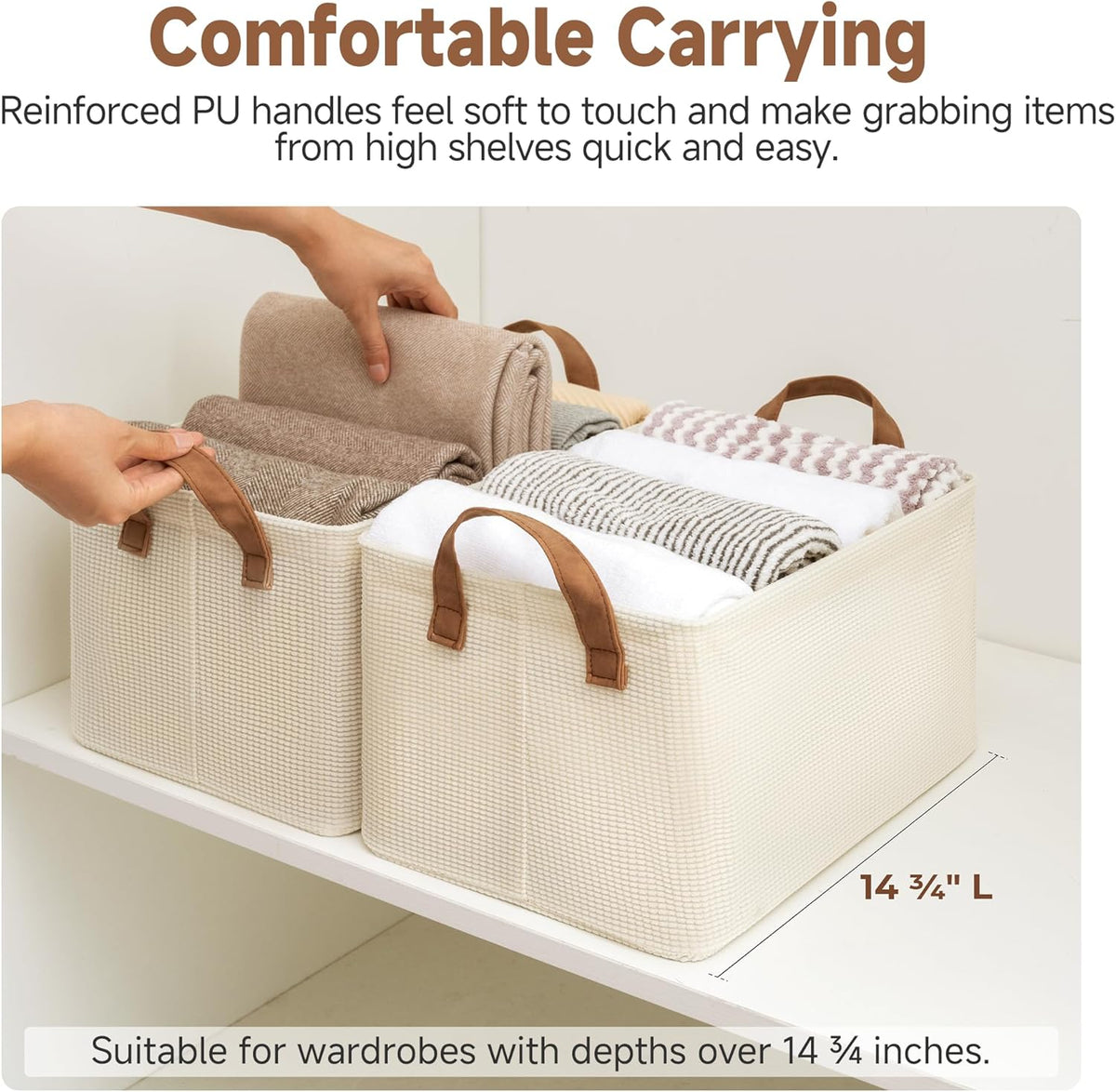 StorageWorks Storage Bins, Shelves Baskets for Organizing, Fabric Closet Organizers with Handles, Metal Frame, Beige（Texture）, 2-Pack